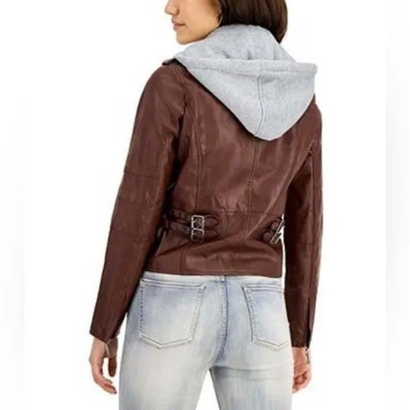 Faux-Leather Hoodie Moto Jacket, Sz Large, Extra Large Run Small - Picture 3 of 4